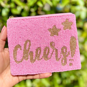 Pochette perlée 'Cheers' pour enterrement de vie de jeune fille, porte-monnaie rose et or, mini portefeuille zippé, cadeau demoiselle d'honneur, vente en gros pour boutiques - Product Image 3