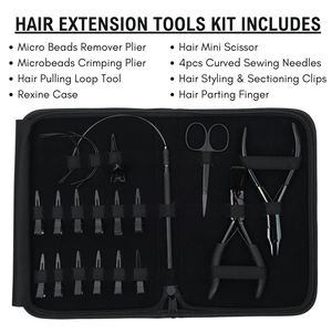 Hair Extension Tools Kit Pulling Loop Tool Rexine <b>Case</b> Mini Scissor Curved <b>Needle</b> Styling Clips Parting Finger Crimping Plier - Product Image 2