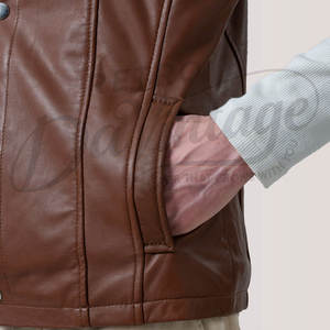 Chaleco de Cuero Genuino Marrón para Hombre, Corte Ajustado, Cuello Alto, Cierre de Cremallera, Sin Mangas, Estilo Casual y Moderno - Product Image 5