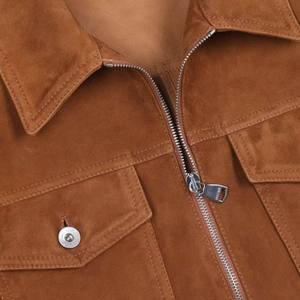 Brown <b>Suede</b> Trucker <b>Jacket</b> Full Sleeve Turn-down Collar Zipper Closure Autumn Regular Fit Solid Color Men's Women's <b>Jacket</b> - Product Image 4