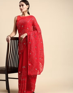 KV <b>Red</b> Soft Georgette Saree With Embroidery Silk Unstitched <b>Blouse</b> - Product Image 6