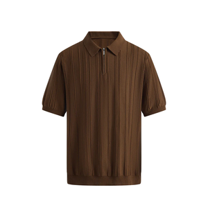 เสื้อโปโลถักไหมพรมแขนสั้นแบบซิปครึ่งตัวสำหรับผู้ชาย เสื้อคลุมบางเบา เสื้อยืดฤดูร้อน ผ้าไหมน้ำแข็ง ดีไซน์หรูหรา สีน้ำตาล - Product Image 1