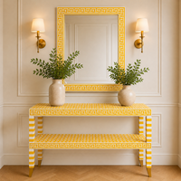 Console moderne en os incrusté avec cadre de miroir et étagère, meuble d'entrée de luxe pour couloir, meuble d'appoint pour salon et décoration intérieure