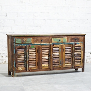 Farmhouse <b>Rustic</b> Reclaimed Wood Sideboard with Shutter <b>Doors</b> and 3 Shelves Antique Design for Living Room Entryway Storage - Product Image 1