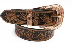 Ceinture de fête vintage 2026 en cuir de vachette bicolore beige, avec motifs floraux complexes gravés à la main, style western unique, boucle en alliage de designer - Product Image 4