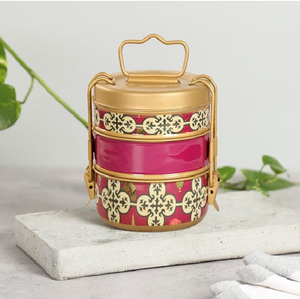 Sage green brass tiffin <b>box</b>, 3 tier bird motif food container, antique nature pattern metal lunch <b>box</b>, at wholesale prices. - Product Image 4