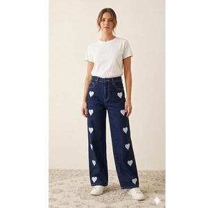 Jeans de Pierna Ancha para Mujer, Pantalones Vaqueros de Cintura Alta y Corte Relajado con Detalle de Bordado Floral Desgastado - Product Image 3