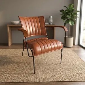 Fauteuil vintage en cuir marron avec assise capitonnée, accoudoirs en bois, structure en métal noir, chaise longue relaxante - Product Image 2