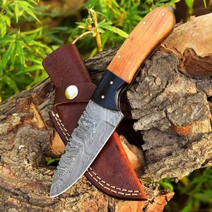 Couteau de chasse et de camping droit à pointe tombante en acier Damas fait main, manche en bois d'olivier, logo laser ODM, haute qualité, garantie 3 ans - Product Image 1