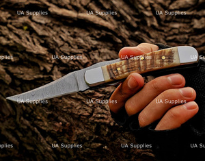 UA Supplies Custom Hand Forged Stainless Steel Folding Knife Ram Horn Handle Hunting Industrial Grade Liner <b>Lock</b> Pocket OEM - Product Image 3