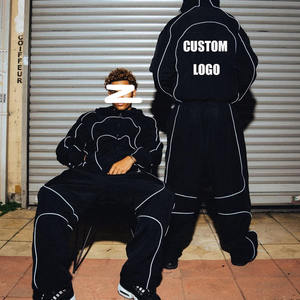 High Street Winter Customizable LOGO Knitted 100% Cotton <b>Wind</b> <b>Breaker</b> Reflective Strips Baggy Fit Hooded Men's Tracksuit - Product Image 1