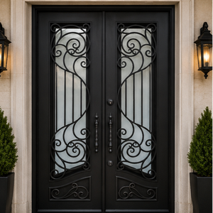 Elegante Puerta Doble de Hierro Forjado con Vidrio Esmerilado Decorativo y Diseño de Seguridad de Lujo para Entrada Principal - Product Image 1