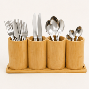 Porte-couverts en bambou écologique à 4 compartiments avec plateau de base, organiseur d'ustensiles en bois naturel pour comptoir de cuisine, en promotion - Product Image 6