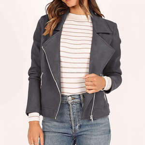 Vestes en daim gris style motard pour femmes avec fermeture éclair asymétrique col à revers manches longues recadrée Moto Fit Look vintage moderne - Product Image 2