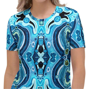 Women's Blue <b>Abstract</b> <b>Print</b> Crew Neck Short Sleeve T-Shirt Regular Fit Casual Woven 100% Polyester Spring Summer Style - Product Image 4