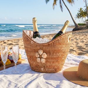 Rattan Wine Ice <b>Bucket</b> Woven Beverage Tub <b>with</b> <b>Lid</b> Portable Champagne Cooler for Party Bar Vietnam - Product Image 3
