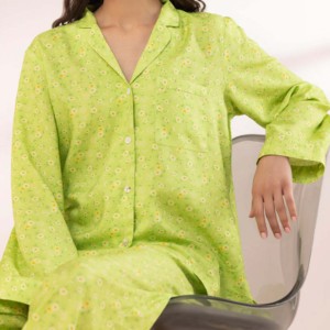 Conjunto de Pijama de Algodón Verde con Estampado Floral para Mujer, Manga Larga, Pantalón Largo, Tejido Suave, Cuello Camisero, Cierre de Botones, Estilo Casual para Primavera - Product Image 3
