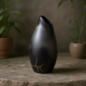 แจกันเซรามิกสีดำลายดอกตูมบนพื้นดำ - Product Image 3