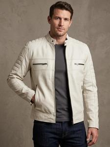 Mens Off White Genuine Lambskin Leather Cafe <b>Racer</b> <b>Jacket</b> Slim Fit Biker <b>Jacket</b> with Silver Zippers - Product Image 2
