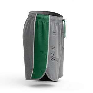 Shorts de sport décontractés pour homme en tissu peigné gris-vert avec logo personnalisé, taille élastique respirante, couleur unie et bande latérale - Product Image 3
