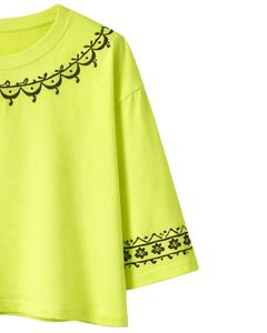 Camiseta Corta Bordada para Mujer, Color Verde Lima, Algodón, Corte Holgado Informal, Manga Corta, Top de Verano con Estampado Floral, Venta al Por Mayor - Product Image 3
