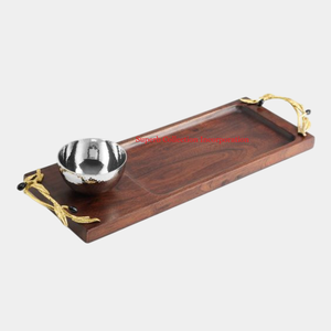 Plateau de service ovale classique en bois avec poignées en feuille d'or, finition polie, vente en gros, fournisseurs et exportateurs, usine OEM - Product Image 3