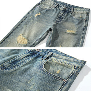 Jeans en denim premium pour hommes, design personnalisé, coton extensible, streetwear, jeans en denim délavé tendance, coupe droite ample, automne - Product Image 5