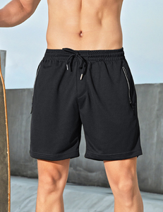 Pantalones Cortos Deportivos de Secado Rápido para Hombre, Color Sólido, Spandex, Cintura Media, Cierre con Cordón, Bolsillos con Cremallera, Logotipo Frontal, Ropa Casual, Negro - Product Image 5