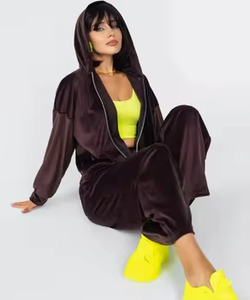 Conjunto Deportivo con Capucha para Mujer, Cierre Completo, Color Sólido, Terciopelo, Ropa Casual con Bolsillos Laterales, Corte Holgado, Dos Piezas, Otoño - Product Image 5