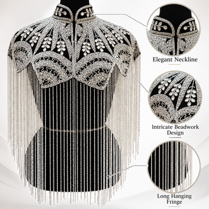 Capa negra y plateada con cuentas, bordado intrincado y flecos largos para chaqueta de boda y ropa de moda. - Product Image 6