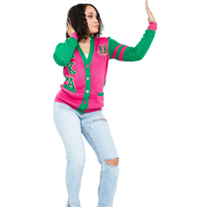 Cárdigan de Punto Tricolor para Mujer, Rosa, Verde y Blanco, Manga Larga, Frente Abierto, Suéter Informal, Estilo Color Block, Personalizable - Product Image 2