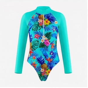 Women's Tropical Floral Print One-Piece Swimsuit High Neck Long Sleeve Quick Dry Spandex Polyester Bathing Suit - Product Image 1