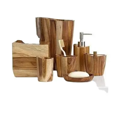 Acacia Wood Badezimmer zubehör Home Decoration Beliebte Holz Badezimmer Set zu günstigen Preisen Einfaches Design Badezimmer zubehör Set