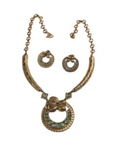 Ensemble de collier et boucles d'oreilles assorties élégants, plaqués or antique, style bohème, pour amoureux, avec onyx vert, pour fiançailles et mariage - Product Image 1