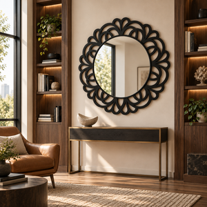 Miroir mural rond noir à motifs floraux, miroir décoratif moderne en métal pour salon, chambre, entrée, décoration de maison de luxe, art mural - Product Image 2