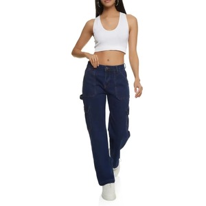 Pantalones Cargo de Pana Azul Marino para Mujer, Cintura Media, Largos, Casuales, con Bolsillos, Corte Regular, Estilo Otoñal - Product Image 1