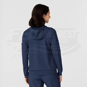 Sudadera con capucha azul marino para mujer con bolsillo con cremallera para teléfono y tarjetas, ligera, de poliéster tejido. - Product Image 2