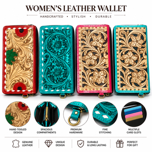 Handmade Split Leather Slim <b>Wallet</b> for <b>Women</b> with Floral Carved Design Fold Closure Multiple <b>Card</b> Slots and Premium Hardware - Product Image 6
