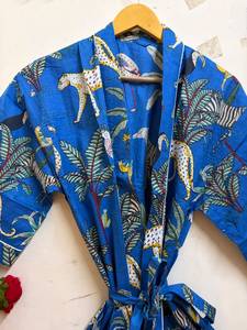 Bata Kimono de Algodón con Estampado Floral para Mujer, Ligera, Cuello en V, Cierre con Cordón, Largo hasta el Tobillo, Manga 3/4, Transpirable, de Lujo - Product Image 4
