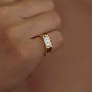 1CT Lab Grown Baguette Diamond Bezel <b>Set</b> Solid 14K Yellow <b>Gold</b> IGI Certified Chunky Signet Style Engagement <b>Ring</b> Custom Fine - Product Image 1