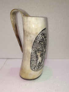 Handcrafted Customised Viking Carving Ceramic Drinking Horn <b>Mug</b> Highly Polished Natural Horn India for Business Gifts-Wine Beer - Product Image 3