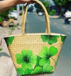 Bolso Tote de Paja con Diseño Geométrico Hecho a Mano, Forma de Almohada, Flores, Dos Asas, Parte Superior Abierta, Ecológico, Duradero, Portátil, Lavable a Mano - Product Image 5