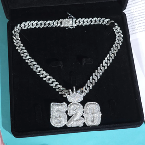 Collier Pendentif Chiffre Personnalisé en Zircon Bling avec Couronne, Bijoux Hip Hop pour Hommes, Plaque Nom Personnalisée, Chaîne Cubaine, Cadeau - Product Image 2