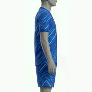 Custom Men <b>Soccer</b> Jersey Uniform Set Blue Striped V-Neck Wholesale Moisture Wicking Short Sleeve Football Kit All Seasons Adult - Product Image 4
