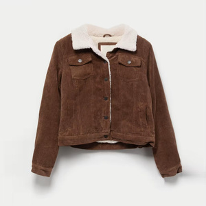 Women's Corduroy Trucker <b>Jacket</b> With Faux Fur Lining Dark Brown Color Full Sleeve Regular Fit Autumn Style - Product Image 5
