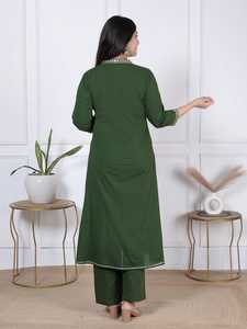 Ensemble coordonné élégant vert pour femme, robe décontractée à col en V ornée de dentelle, coupe trapèze, 100 % coton, kurta et pantalon droit pour le quotidien, style ethnique - Product Image 3