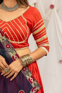 Women Indian Pakistani Traditional Cotton Floor-Length <b>Red</b> <b>Lehenga</b> Choli with Navy Blue Embroidered Dupatta for <b>Wedding</b> Occasion - Product Image 4