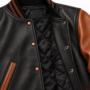 Custom Black and <b>Brown</b> Genuine <b>Leather</b> Varsity <b>Jacket</b> Premium Rib Collar Snap Button Bomber <b>Jacket</b> OEM Streetwear Apparel <b>Jacket</b> - Product Image 5