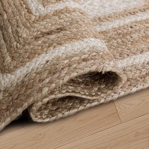Tapis ovale tressé fait main en jute, rayé rouge et beige, style oriental, avec envers antidérapant en jute, écologique et réversible pour salon - Product Image 3