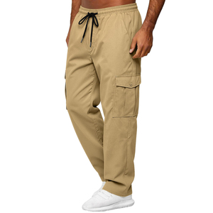 Pantalones Cargo Color Caqui para Hombre, Cintura Elástica con Cordón, Múltiples Bolsillos, Corte Recto Informal, Pantalones de Lona de Peso Medio para Otoño - Product Image 3